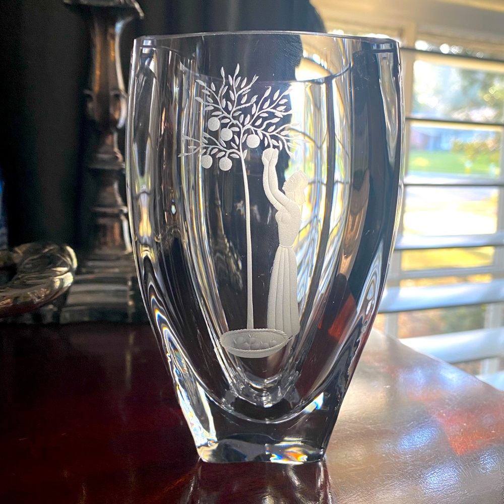 Skruf Swedish Crystal Vase, Woman Picking Apples